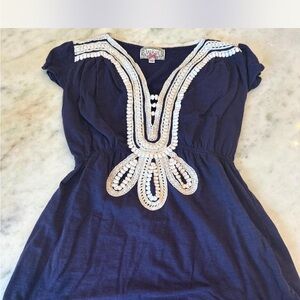 Anthropologie Navy Dress with White Embroidery